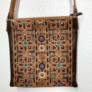 Montana West Brown Turquoise Embroidered Floral Crossbody Bag
